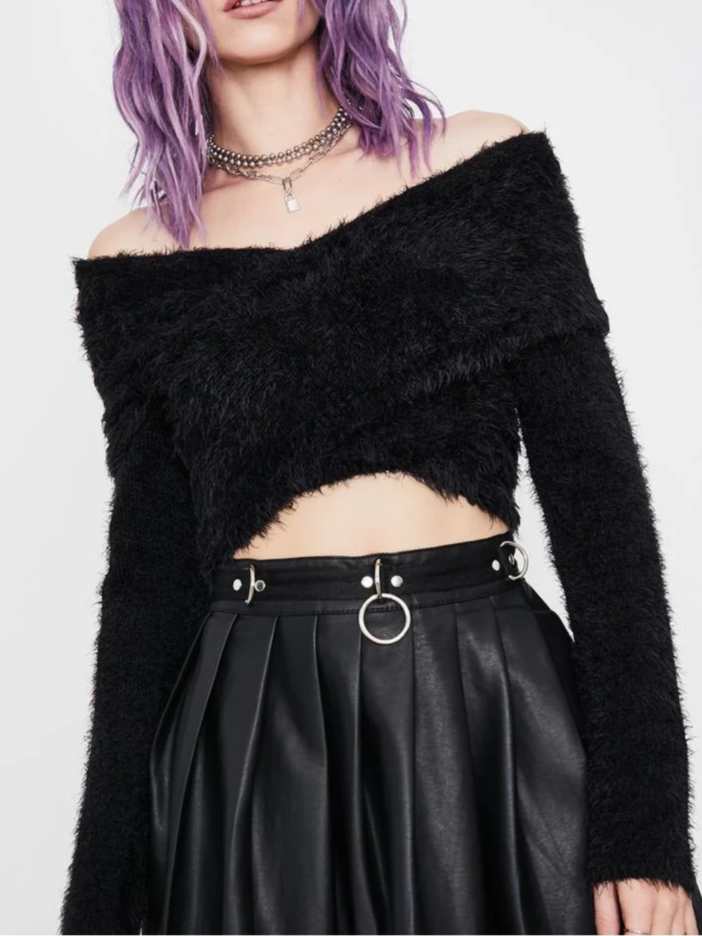 Current Mood HOMETOWN HONEY WRAP Off-Shoulder Black Fuzzy Crop SWEATER Sz
S